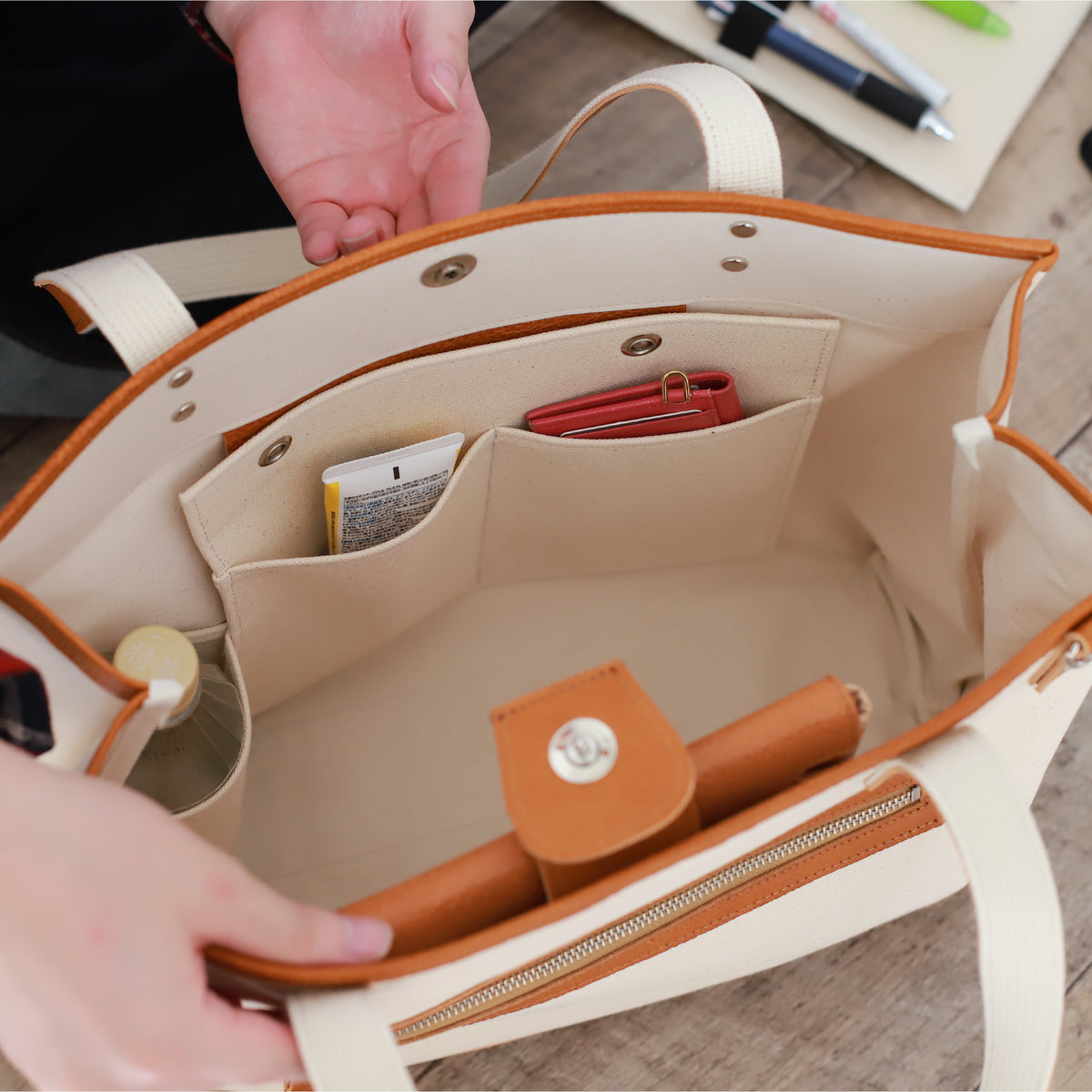 トートバッグ DUOトートver2 ｜ 帆布 牛革 収納カスタマイズ ボトル内装×ウォレット